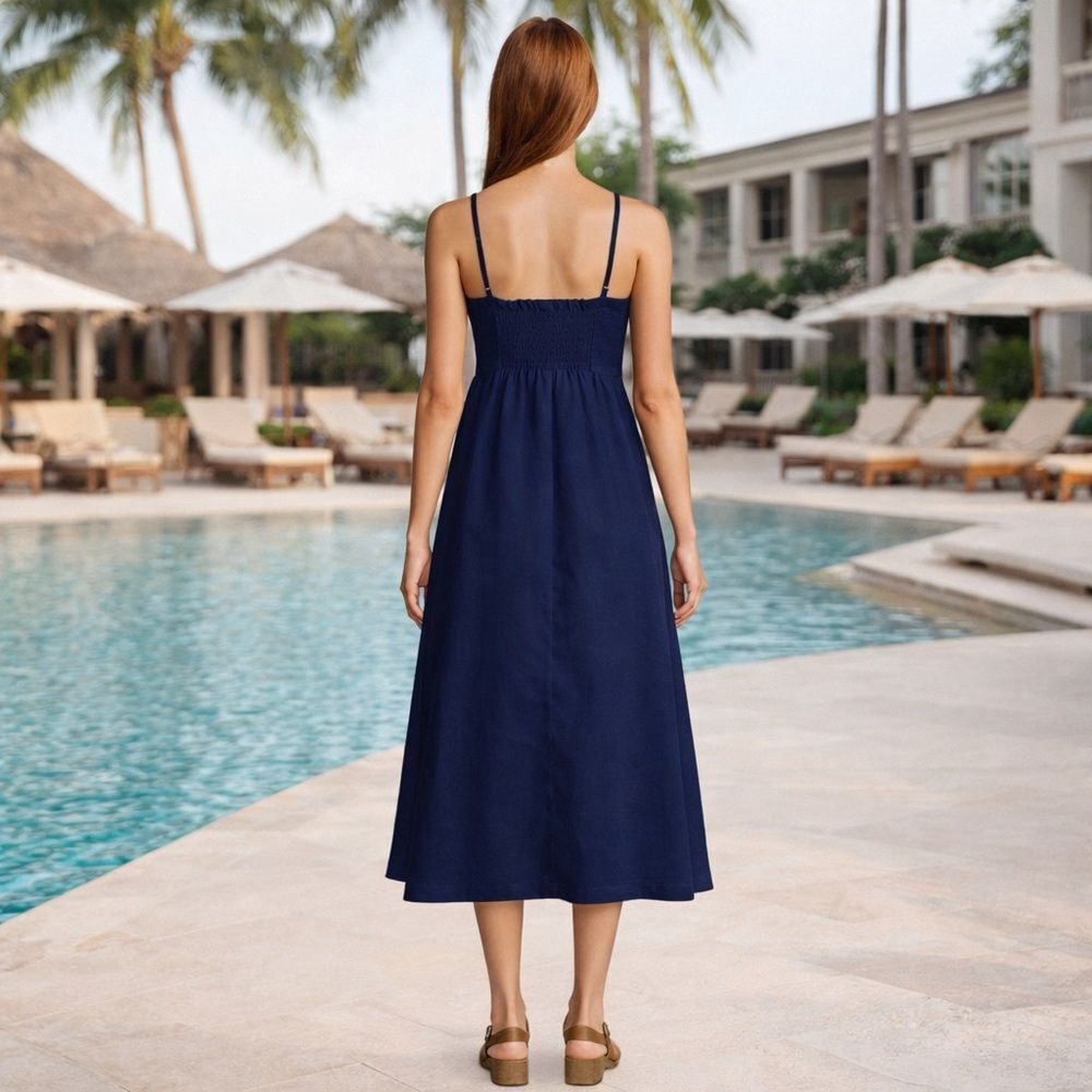 Land’s End Dress Pockets Linen halter smocked high neck adjustable midi navy Var - Picture 2 of 5